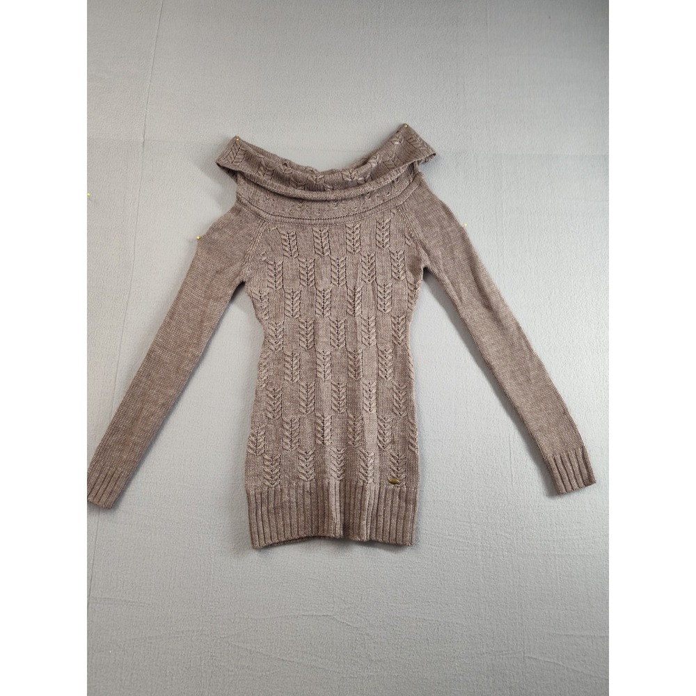 Guess Women Sweater Dress S Beige Cable Knit Off Shoulder‎ Long Sleeve Comfort